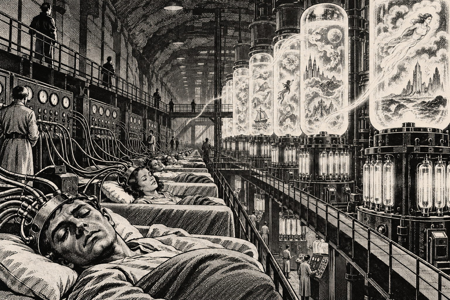 Sleeping workers connected to machines harvesting their dreams