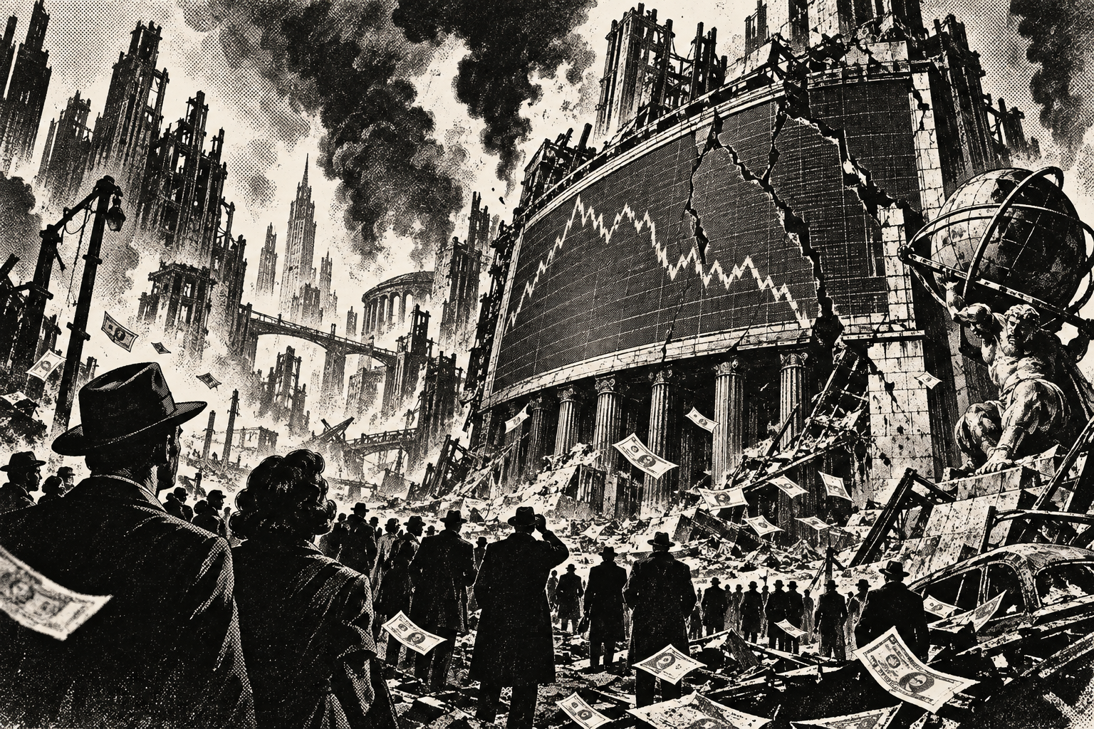 Crowds watch the financial district collapse after the firestorm