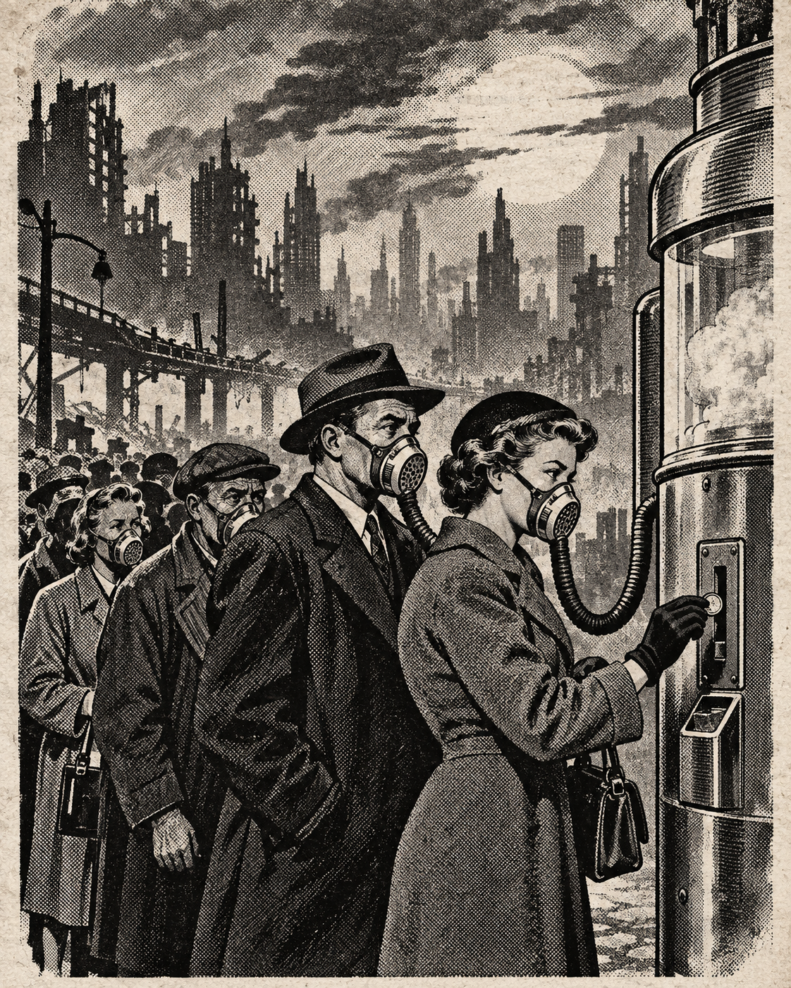 Citizens queue at a coin-operated clean-air machine