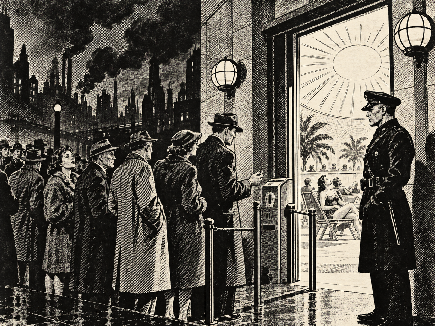 Citizens queue for paid access to artificial sunlight